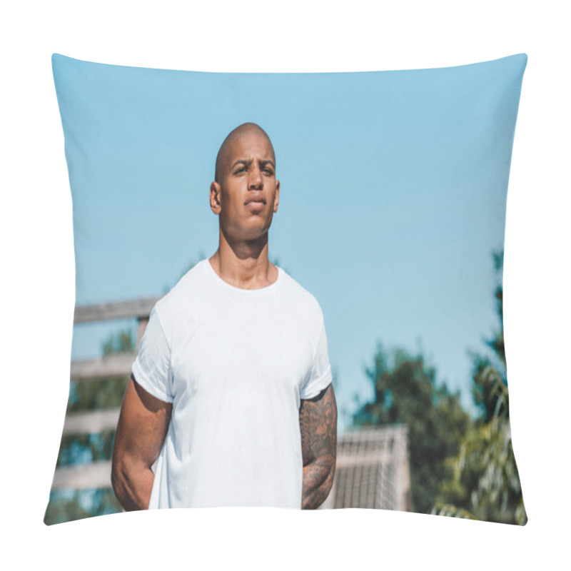 Personality  Portrait Of African American Tattooed Soldier In White Shirt Standing On Range Pillow Covers