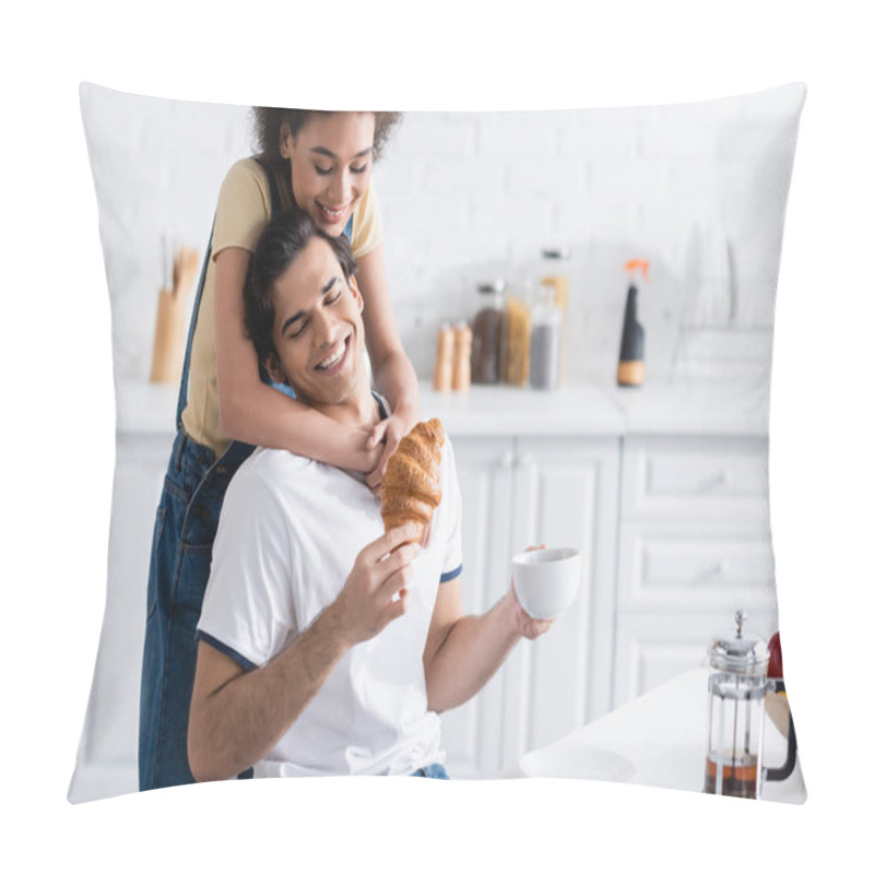 Personality  Happy African American Woman Hugging Boyfriend With Cup Of Tea And Croissant  Pillow Covers