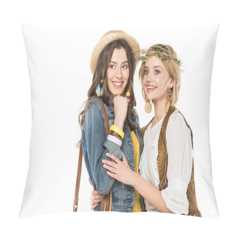 Personality  Two Bisexual Hippie Girls Embracing Isolated On White Pillow Covers