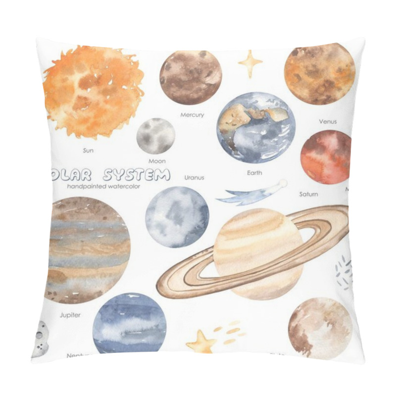 Personality  Space Adventure With Lpanets Of The Solar System, Sun, Saturn, Jupiter, Earth, Mercury, Venus, Mars Watercolor Set  Pillow Covers