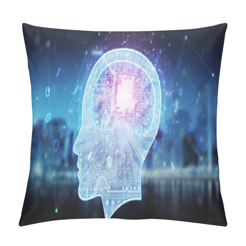 Personality  Artificial Intelligence Digital Brain On Blue City Background 3D Rendering Pillow Covers