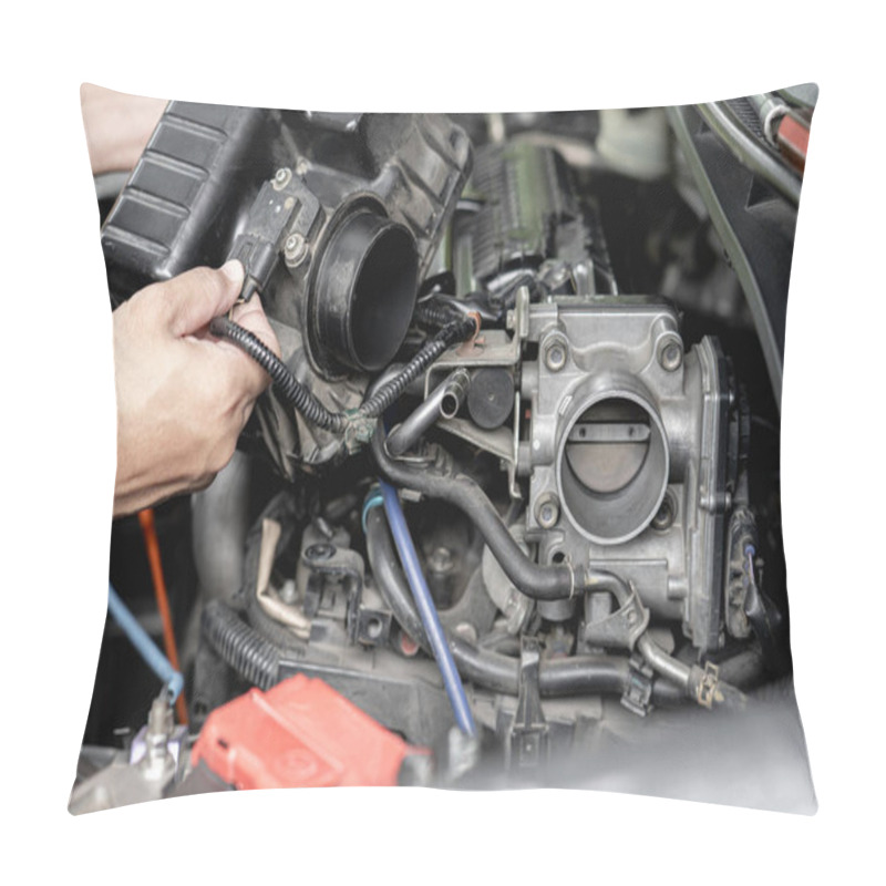 Personality  Close Up Old Throttle Body Of Car In Engine Room With And A Man Hold Air Filler Cover In Car Service Engine Throttle Valve Cleaning And Maintenance : Car Service Concept Photo Pillow Covers