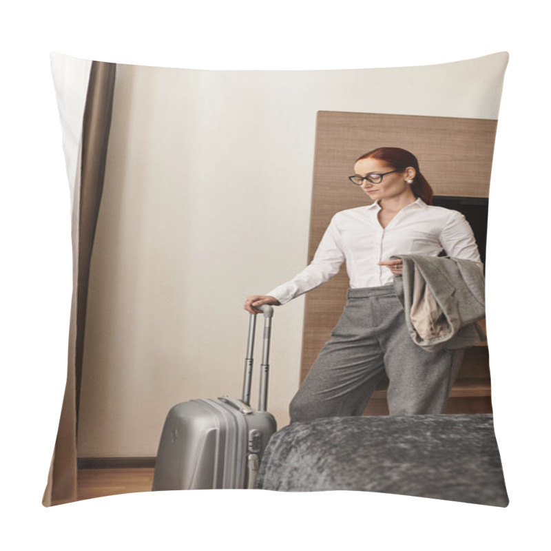 Personality  Confident Young Woman Stands Beside Her Suitcase In A Modern Hotel Room, Ready To Explore. Pillow Covers