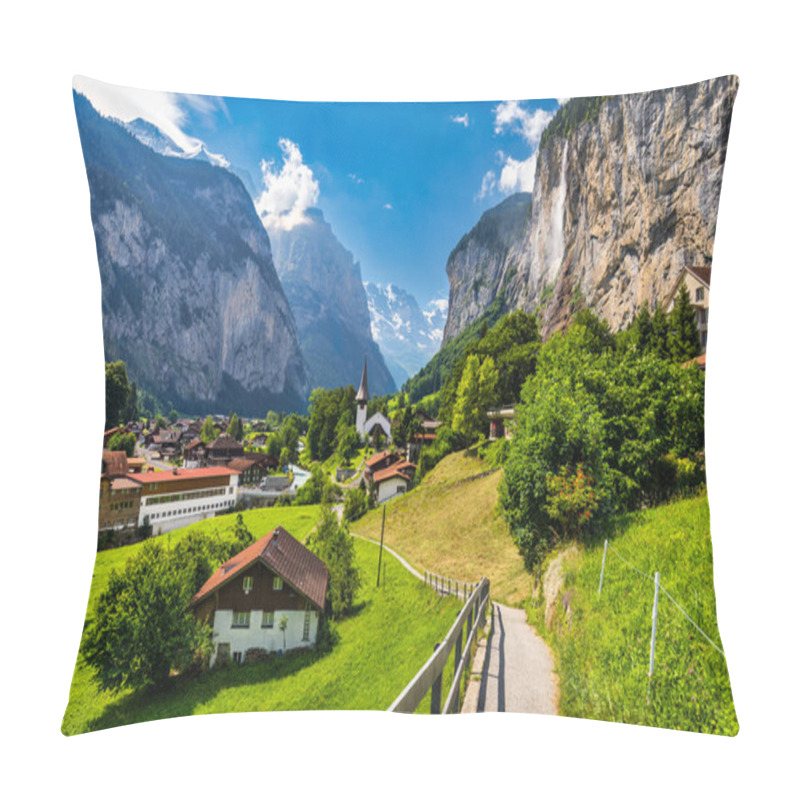 Personality  Lauterbrunnen Valley With Famous Church And Staubbach Waterfall. Lauterbrunnen Village, Berner Oberland, Switzerland, Europe. Spectacular View Of Lauterbrunnen Valley In A Sunny Day, Switzerland. Pillow Covers