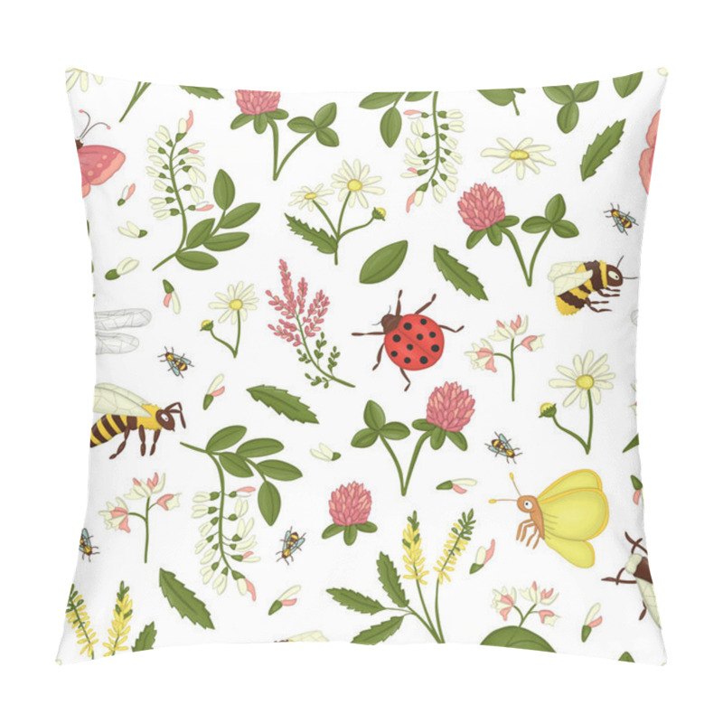 Personality  Vector Seamless Pattern Of Wild Flowers, Bee, Bumblebee, Dragonf Pillow Covers