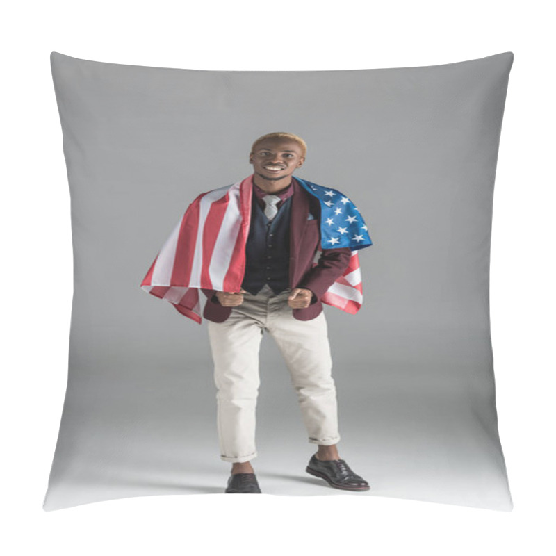 Personality  Smiling African American Man With American Flag On Shoulders  Looking At Camera Isolated On Grey  Pillow Covers