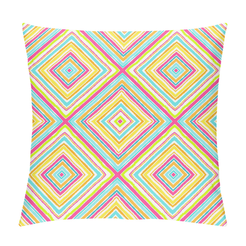 Personality  Striped Diagonal Rectangle Seamless Pattern. Square Rhombus Lines With Torn Paper Effect. Ethnic Background. Yellow, Pink, Rosy, Blue, White Colors. Vector Pillow Covers