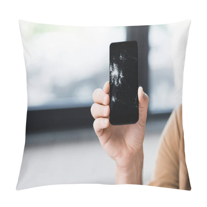 Personality  Cropped View Of Businessman Holding Damaged Smartphone On Blurred Background Pillow Covers