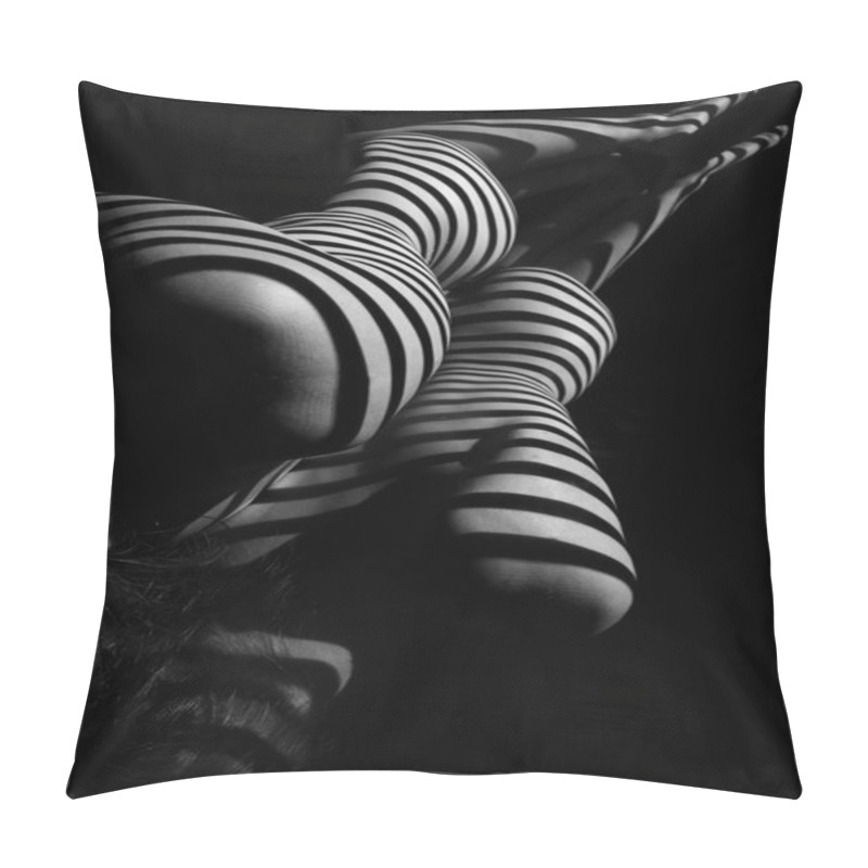 Personality  The Nude Woman And Her Reflection With Black And White Zebra Stripes.  Black-and-white Photo Created With The Projector Pillow Covers