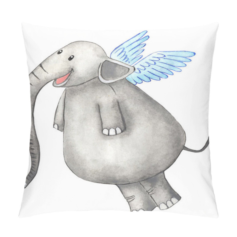 Personality  A Joyful Elephant With Wings Behind Its Back And A Long Trunk. Hand-drawn Childish Illustration. Isolated On A White Background. Pillow Covers