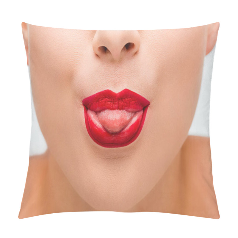 Personality  Cropped View Of Girl With Red Lips Sticking Out Tongue Isolated On White  Pillow Covers