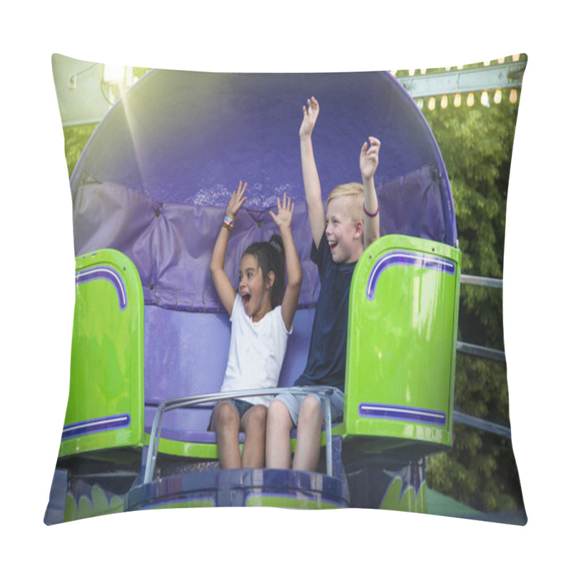 Personality  Two Screaming Kids Enjoying A Fun Summer Amusement Park Ride. Arms Raised And Laughing As They Twirl Around Pillow Covers