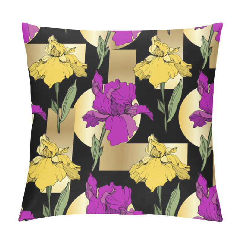 Personality  Vector Purple And Yellow Irises. Wildflowers On Ornamental Background. Engraved Ink Art. Seamless Background Pattern. Wallpaper Print Texture. Pillow Covers