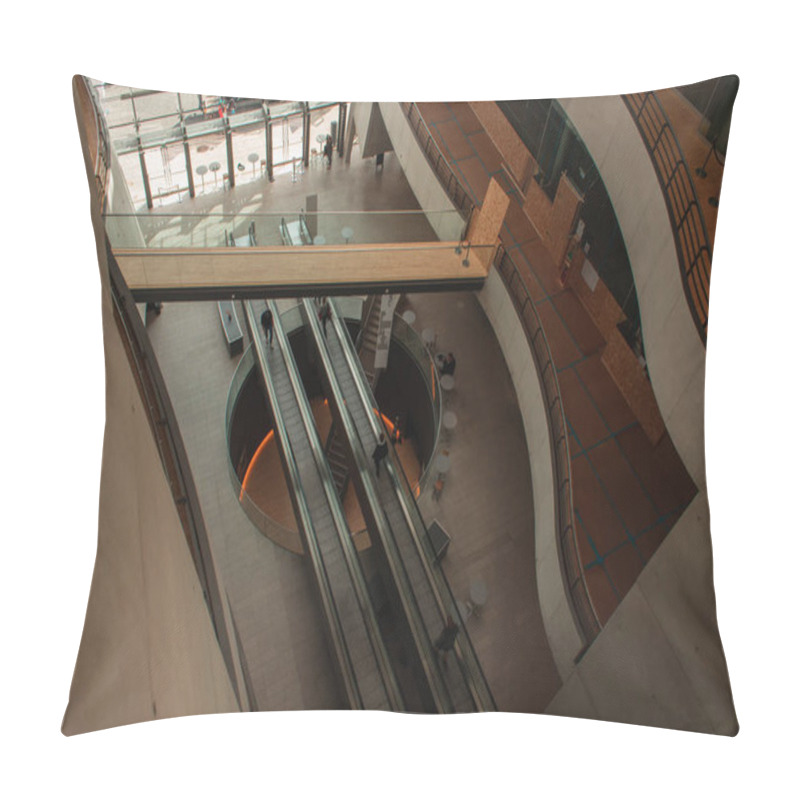 Personality  COPENHAGEN, DENMARK - APRIL 30, 2020: High Angle View Of People On Escalators In Black Diamond Royal Library, Copenhagen, Denmark  Pillow Covers