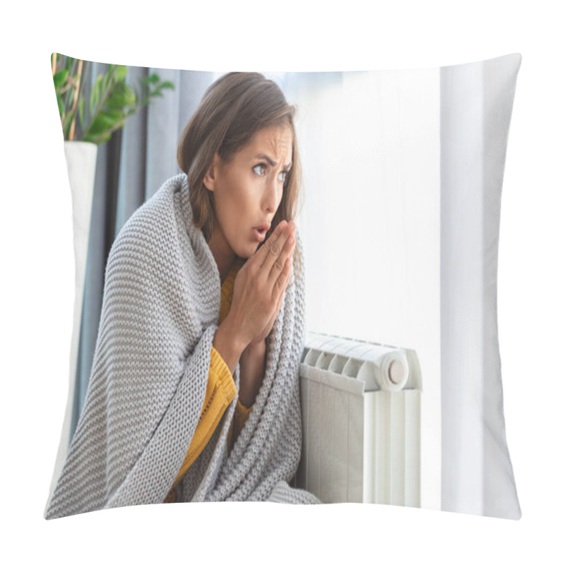 Personality  Unwell Woman Renter In Blanket Sit In Cold Living Room Hand On Old Radiator.suffer From Lack Of Heat . Unhealthy Young Woman Struggle From Chill Freeze At Home. No Heating Concept. Pillow Covers