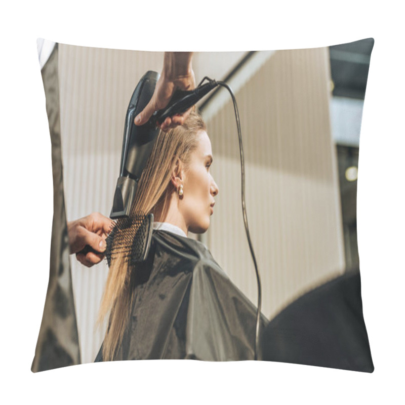 Personality  Low Angle View Of Hairdresser Drying Hair To Attractive Girl In Beauty Salon   Pillow Covers