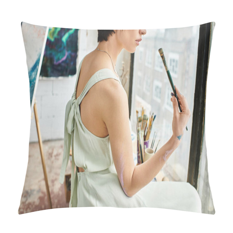 Personality  A Woman In A White Dress Holds A Paintbrush. Pillow Covers