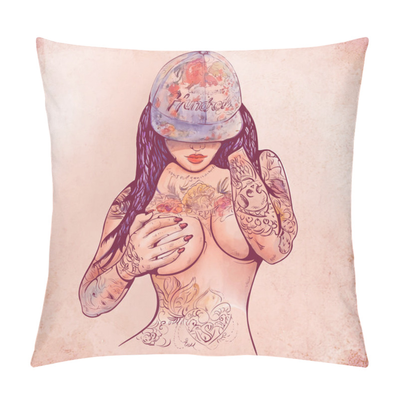 Personality  Casual Girl In A Cap And Tattoos Pillow Covers