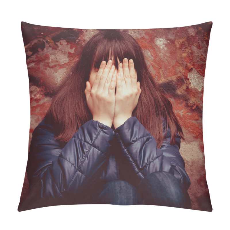 Personality  Girl With Hands Over Eyes Near Wall Outdoors Pillow Covers