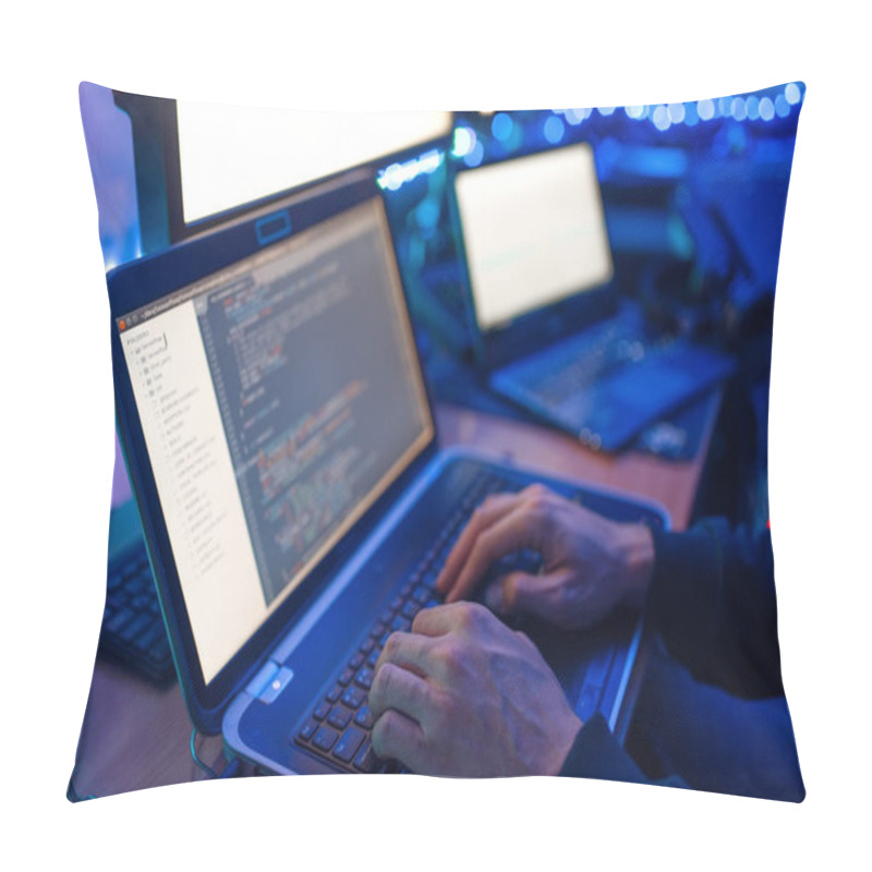 Personality  Programmer Hands On Laptop Keyboard, Computer Technology. IT-manager At His Workplace, Professional Coding And Encryption, Network Security Pillow Covers