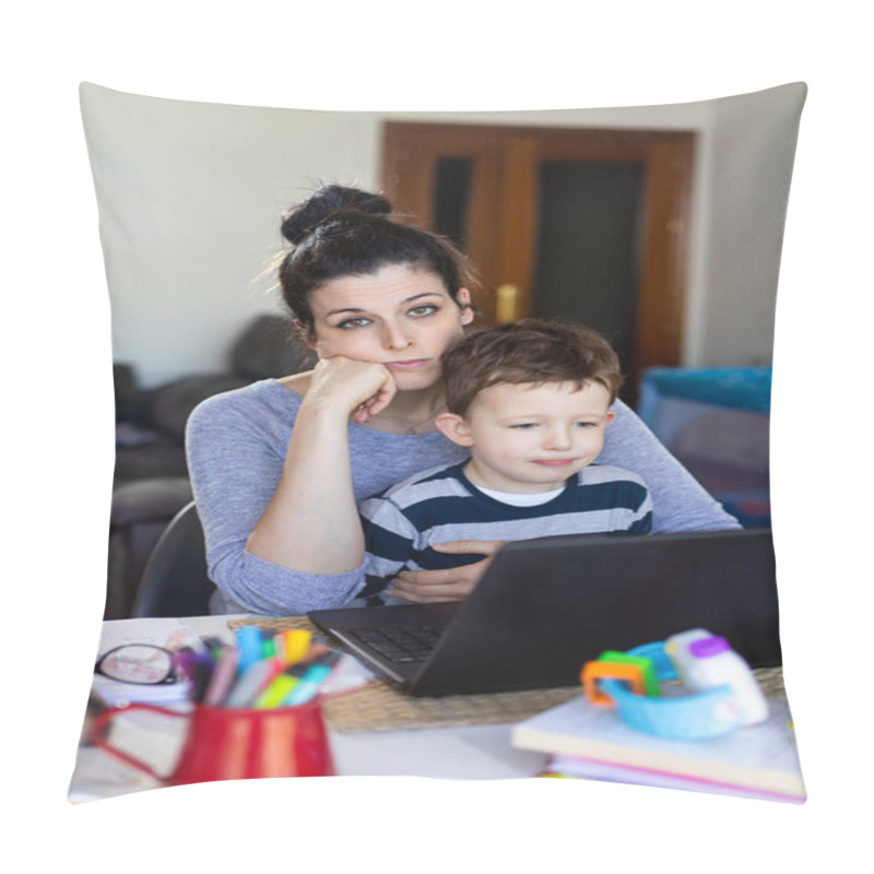 Personality  Exhausted Mother Tele Working And Taking Care Of Her Child At Home. Pillow Covers