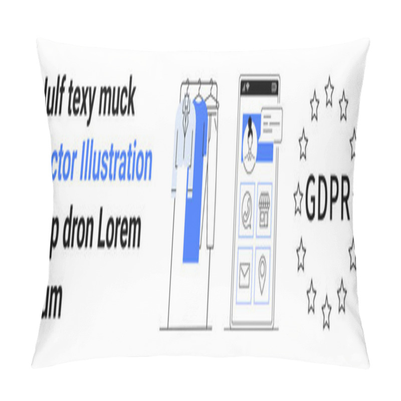 Personality  Clothing Rack With Hanging Garments, Mobile Phone Showing User Interface With Profile, Gears, And Map Icons, Surrounded By European Stars And GDPR Text. Ideal For Fashion, Mobile Apps, Data Pillow Covers