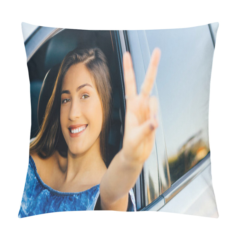 Personality  Confident, Smiling And Happy Woman Driving The Car. She Is Looking At The Camera And Waving. Concept Of Travel, Tourism And Female Independence. Concept Of Lifestyle Pillow Covers