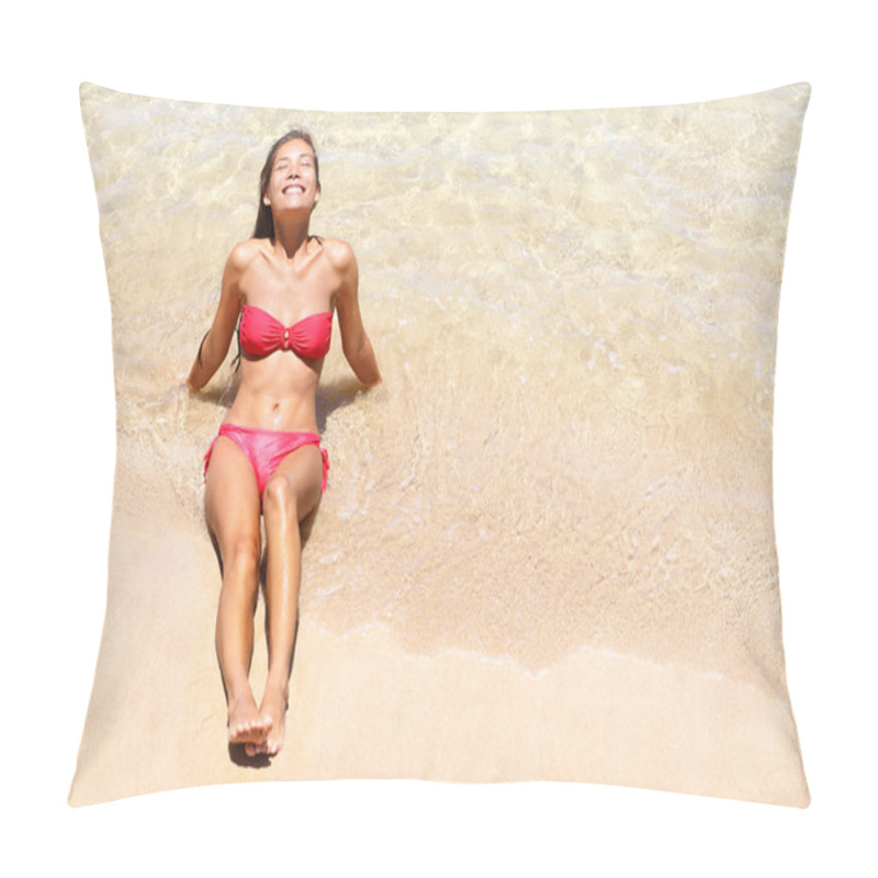 Personality  Beach Vacation Bikini Girl Sun Tanning Happy Pillow Covers