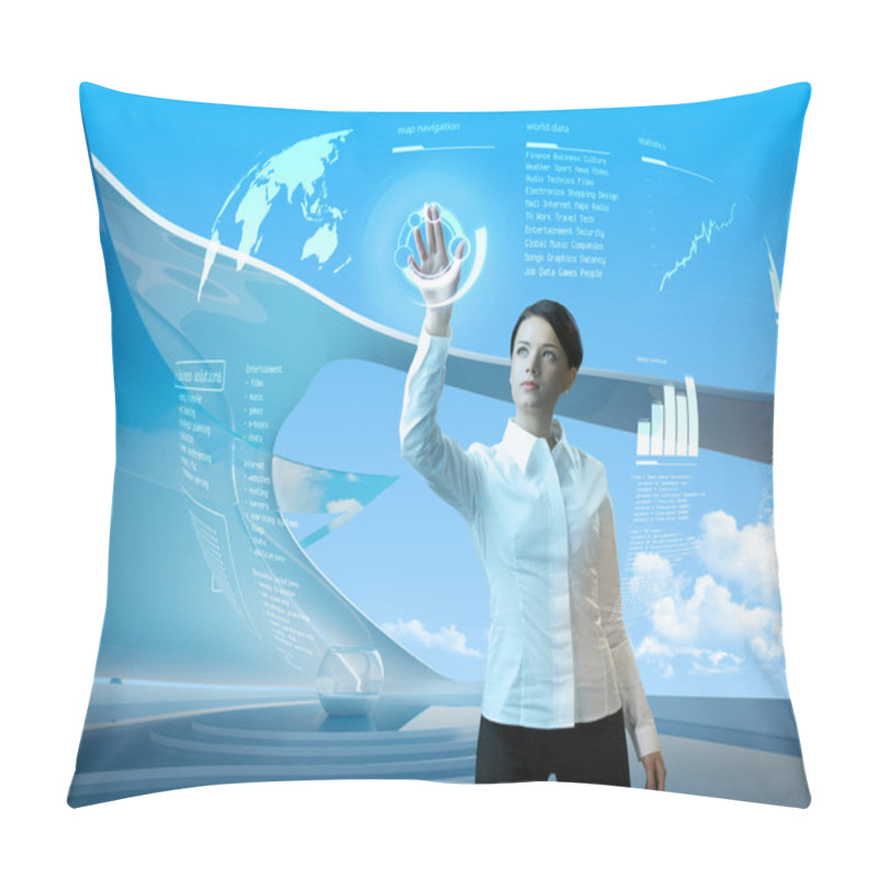 Personality  Attractive Brunette With Interface In Futuristic Interior Pillow Covers