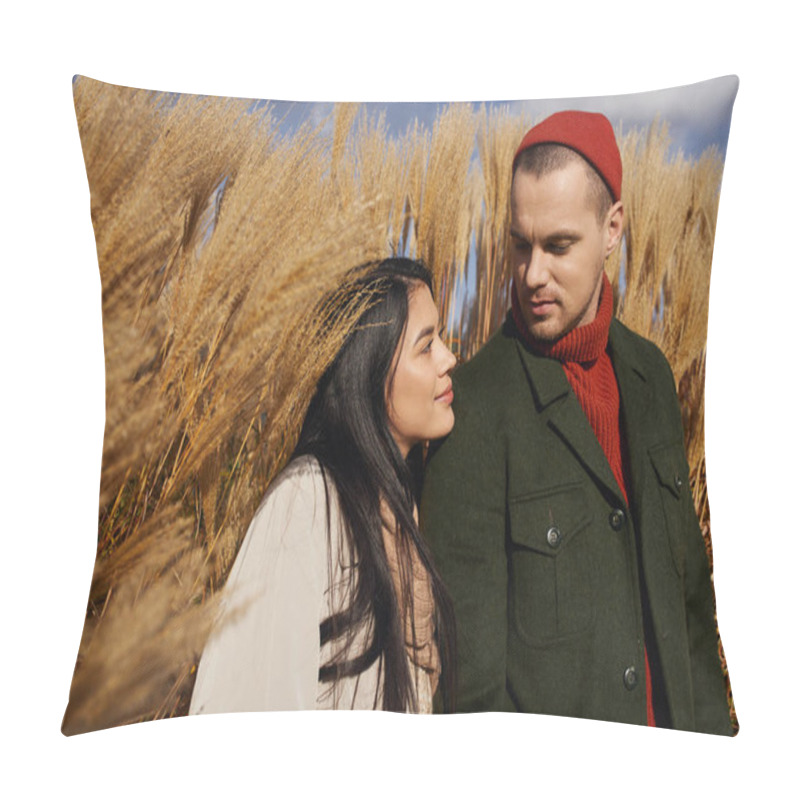 Personality  A Loving Couple Embraces Each Other Warmly, Surrounded By Golden Autumn Foliage Under A Bright Sky. Pillow Covers