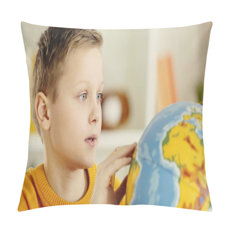 Personality  Schoolboy With Blue Eyes Looking At Globe While Exploring World  Pillow Covers