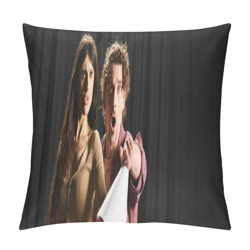 Personality  A Handsome Man And A Beautiful Woman Standing Side By Side During Theater Rehearsals. Pillow Covers