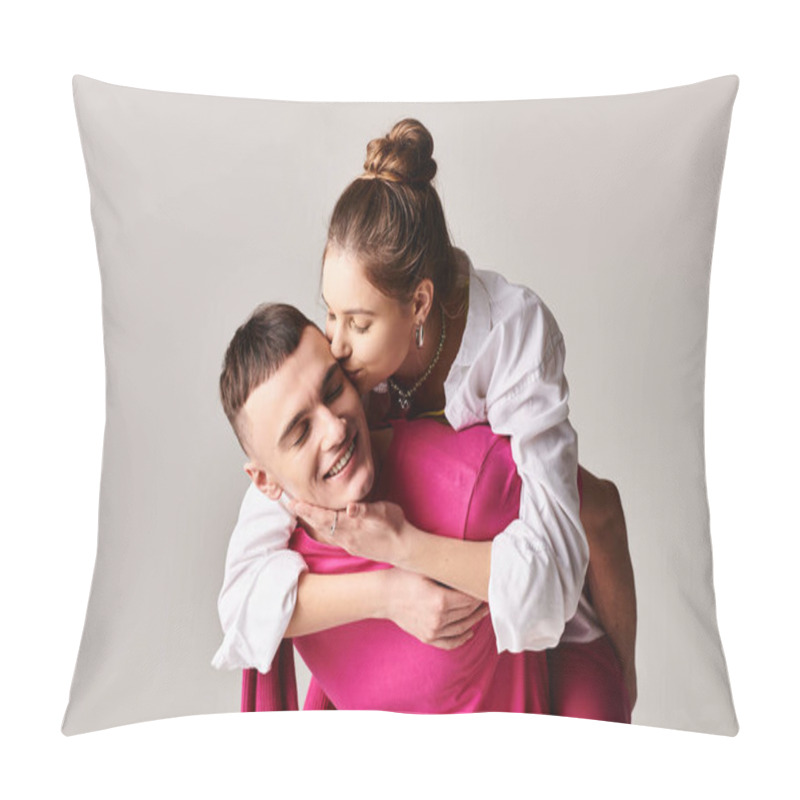 Personality  A Man Passionately Hugs A Woman In A Pink Dress In A Stylish Studio Setting With A Grey Background. Pillow Covers