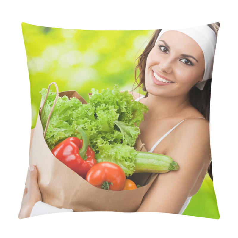 Personality  Woman In Fitness Wear With Vegetarian Food Pillow Covers