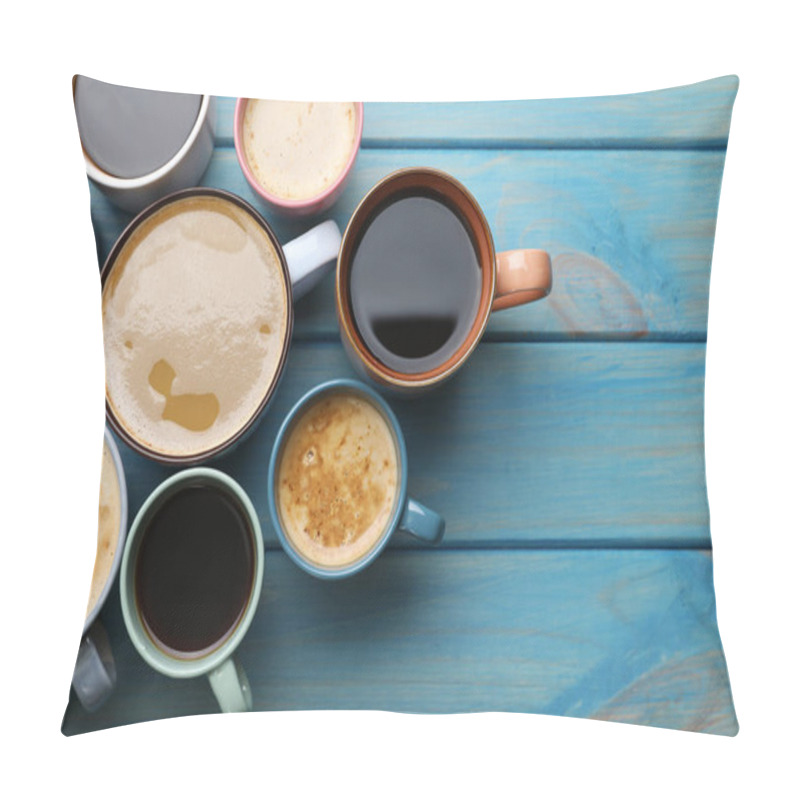 Personality  Many Cups Of Different Coffee Drinks On Light Blue Wooden Table, Flat Lay. Space For Text Pillow Covers