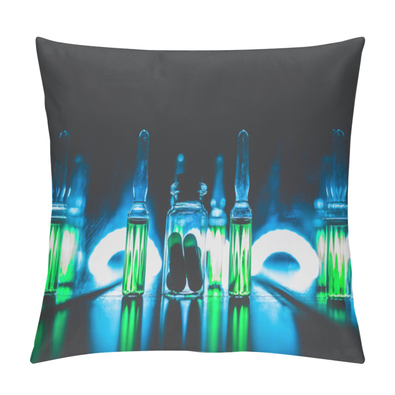 Personality  Concept Of Doping In Sport. Bright Ampoules With Luminous Green Contents: Diuretics, Peptide Hormones, Anabolic Steroids, Painkillers, Stimulants. Artistic Dark Filter. Low Key Photo Pillow Covers