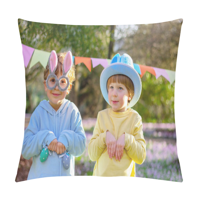 Personality  Two Cute Child Boys With Rabbit Ears On The Head At An Easter Party In The Park. Bunny Funny Costume. Pillow Covers