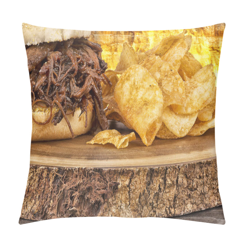 Personality  Close Up On Pulled Pork Sandwich And Potato Chips. Fire Effect In Background. Pillow Covers