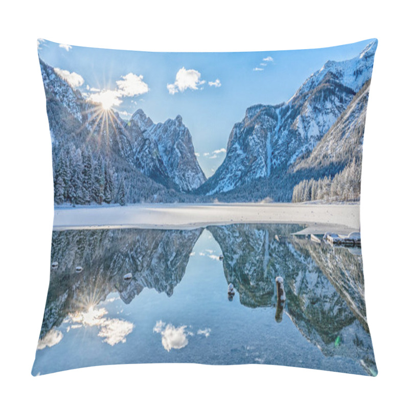 Personality  Landscape Photography On Cold Winter Morning At Sunrise At Partly Frozen Lago Dobbiaco, Dolomites, Three Peaks Dolomites, South Tyrol, Italy Pillow Covers