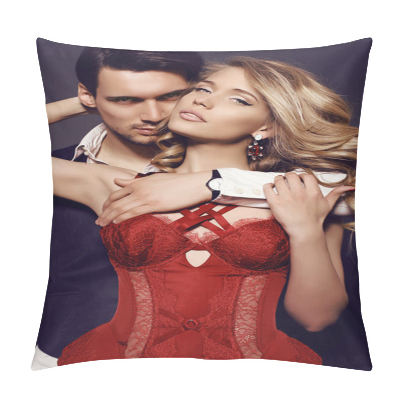 Personality  Beautiful Sensual Couple In Elegant Clothes Posing In Studio  Pillow Covers