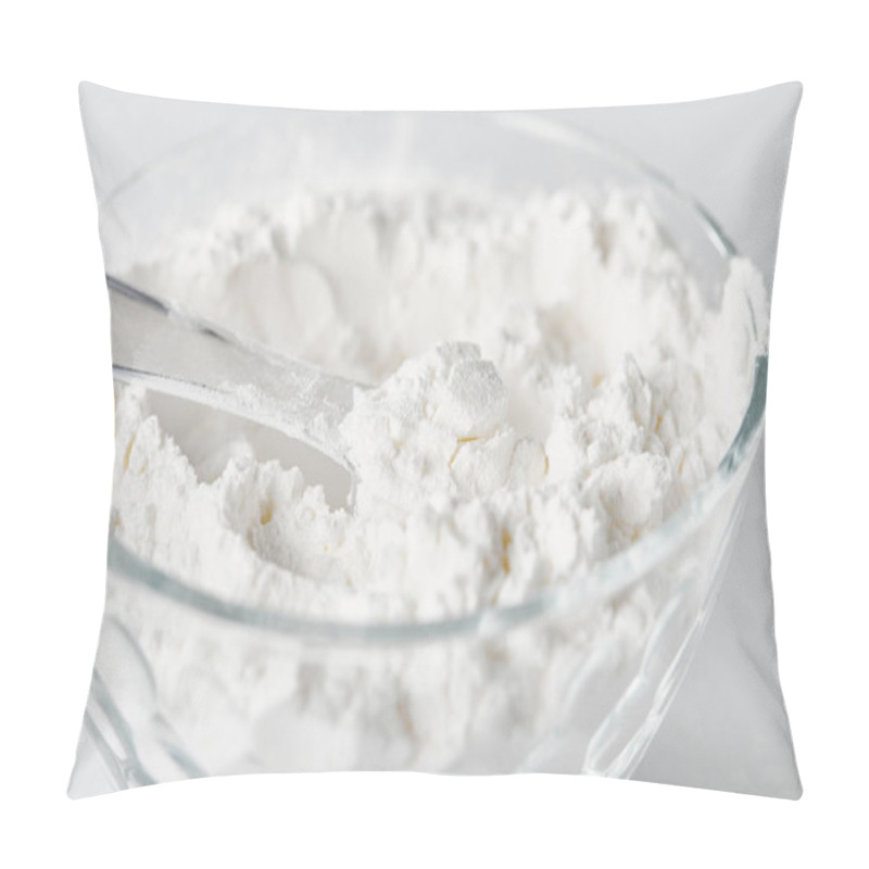 Personality  Close Up Of Protein Powder In Glass Bowl On White  Pillow Covers