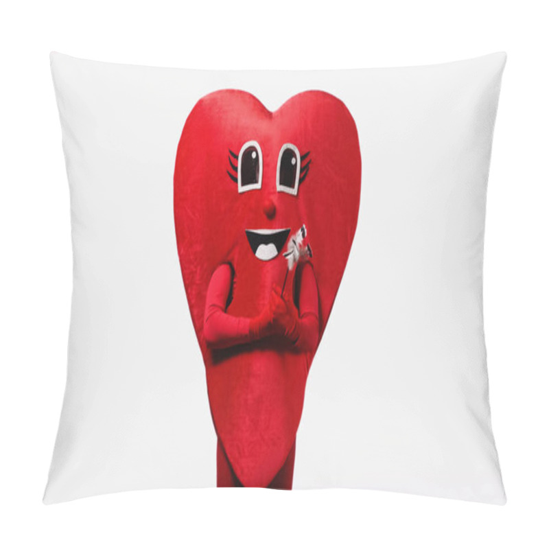 Personality  Person In Red Heart Costume Holding Stick With Feathers Isolated On White Pillow Covers