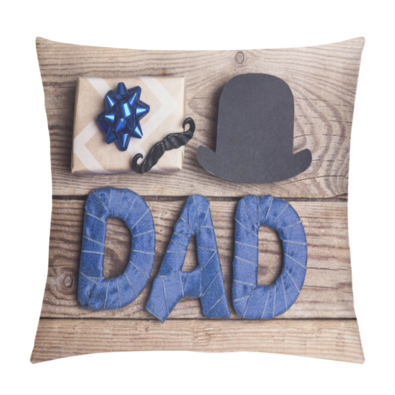 Personality  Fathers Day Concept With Gift Box, Mustache, Paper Hat And Word  Pillow Covers