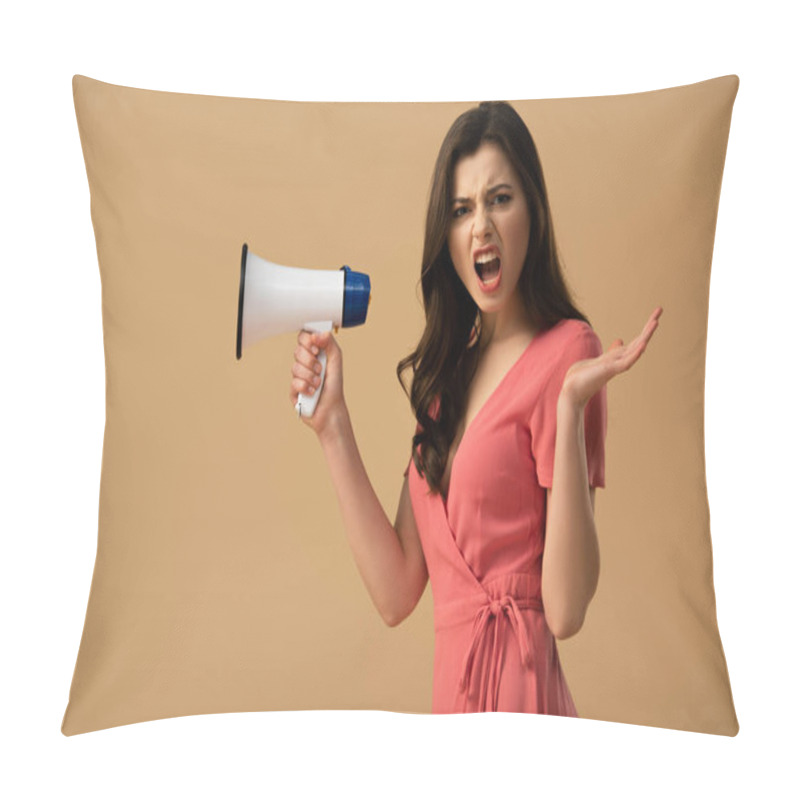 Personality  Angry Brunette Woman In Dress Holding Megaphone And Screaming Isolated On Beige Pillow Covers