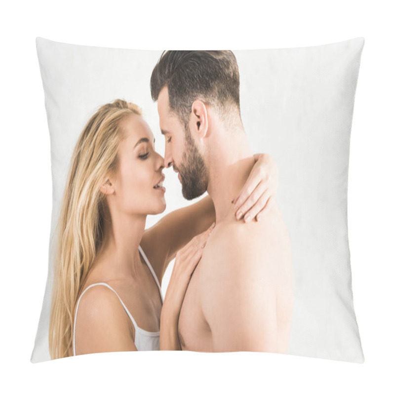 Personality  Romantic Young Couple Hugging At Home In Morning On White Pillow Covers