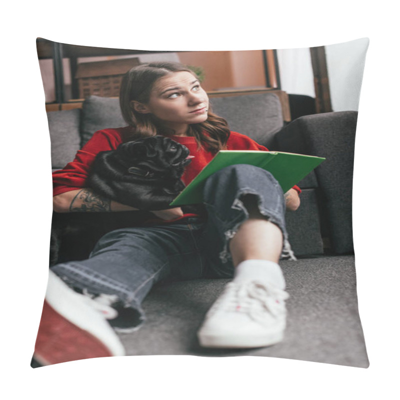 Personality  Selective Focus Of Girl With Prosthetic Leg Holding Pug And Book On Floor At Home Pillow Covers