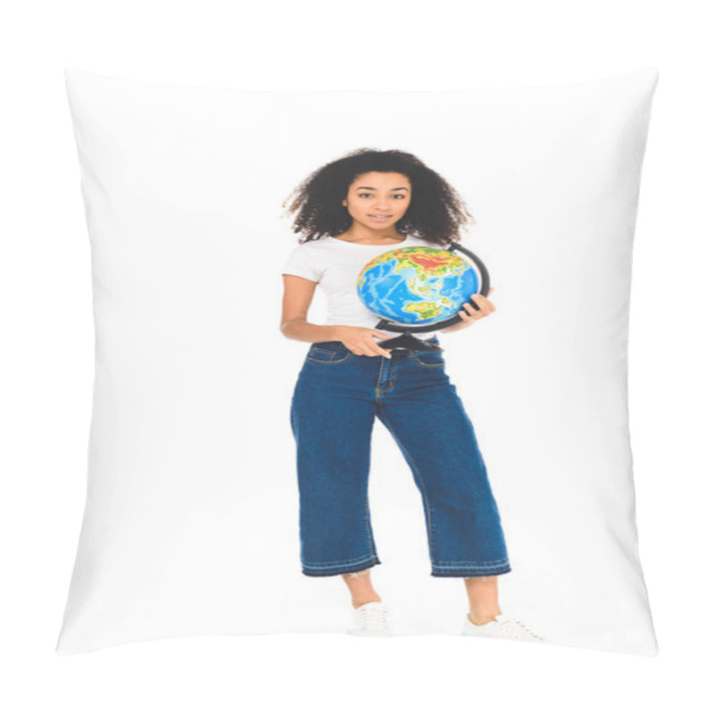 Personality  Curly African American Young Woman Holding Globe Isolated On White Pillow Covers