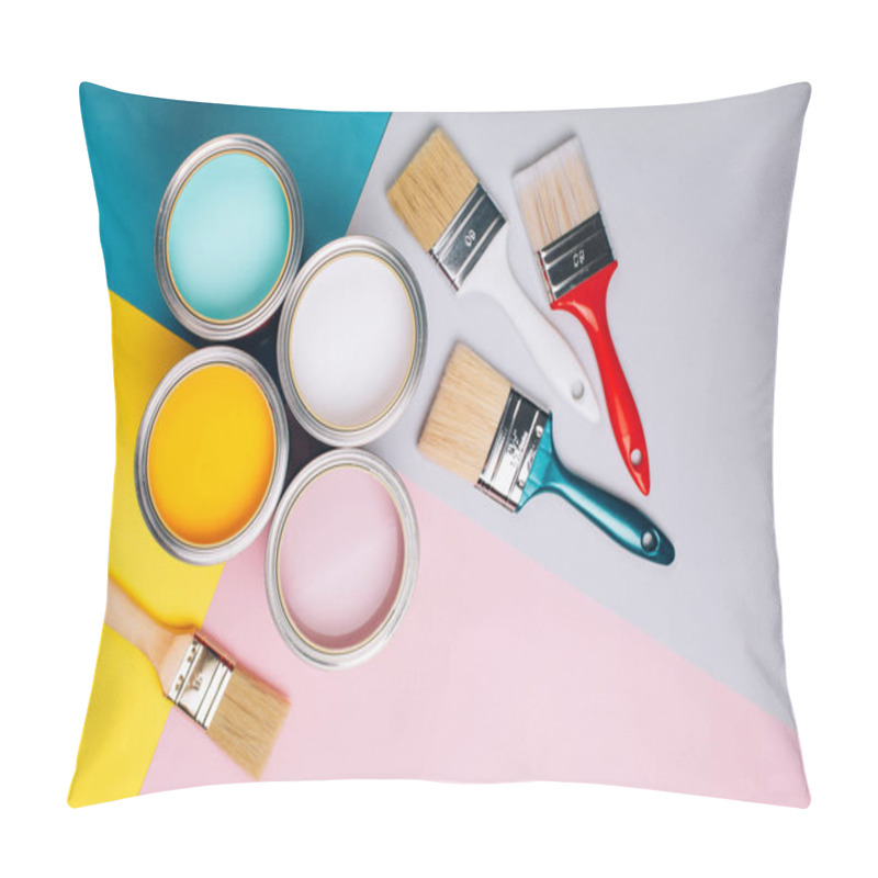 Personality  Four Open Cans Of Paint With Brushes On Bright Background. Pillow Covers