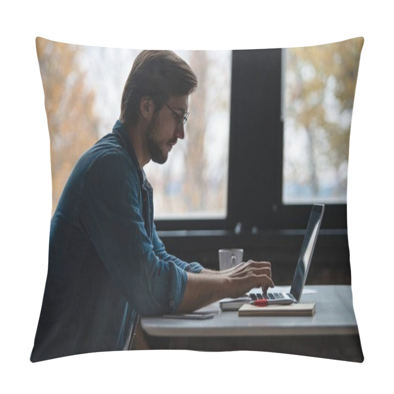 Personality  Young Man Freelancer Using Laptop Studying Online Working From Home, Happy Casual Guy Typing On Notebook Pillow Covers