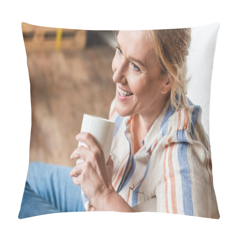 Personality  High Angle View Of Smiling Mature Woman Holding Cup And Looking Away Pillow Covers